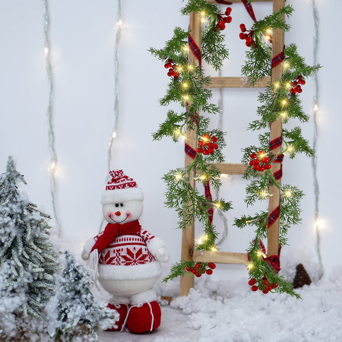 Spiareal 1 Pcs 5.74 ft Christmas Garland with Light Christmas Lighted Pine Garland Prelit Battery Operated Cedar Pine Cone Red Berry Greenery for Mantle Fireplace Decor