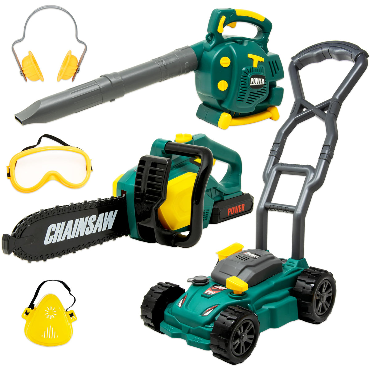TeganPlay Kids Leaf Blower, Toy Chainsaw, and Lawn Mower Set | Realistic Toddler Landscaping Power Tools with Sound and Action| Includes Safety Goggles Mask and Earmuffs