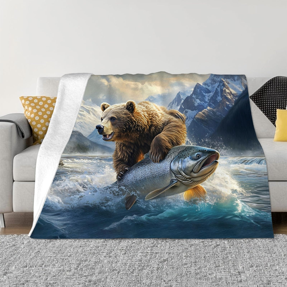 Tijuboni Bear Fish Throw Blanket Cabin Bear Gifts for Women Men Girls Boys Kids Adults Soft Flannel Fleece Blanket for Couch Sofa Bed Home Decor 40"x50"