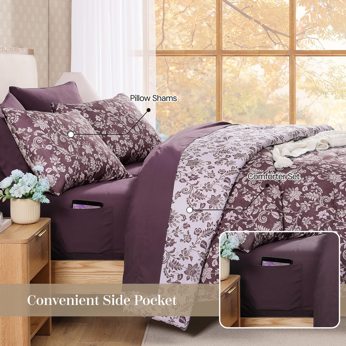 BLOOMHAVEN Queen Comforter Set -7 Pieces Floral Dark Purple Comforter Set for All Seasons, Bed in a Bag Queen with Botanical Flowers Comforter, Sheets, Pillowcases & Shams