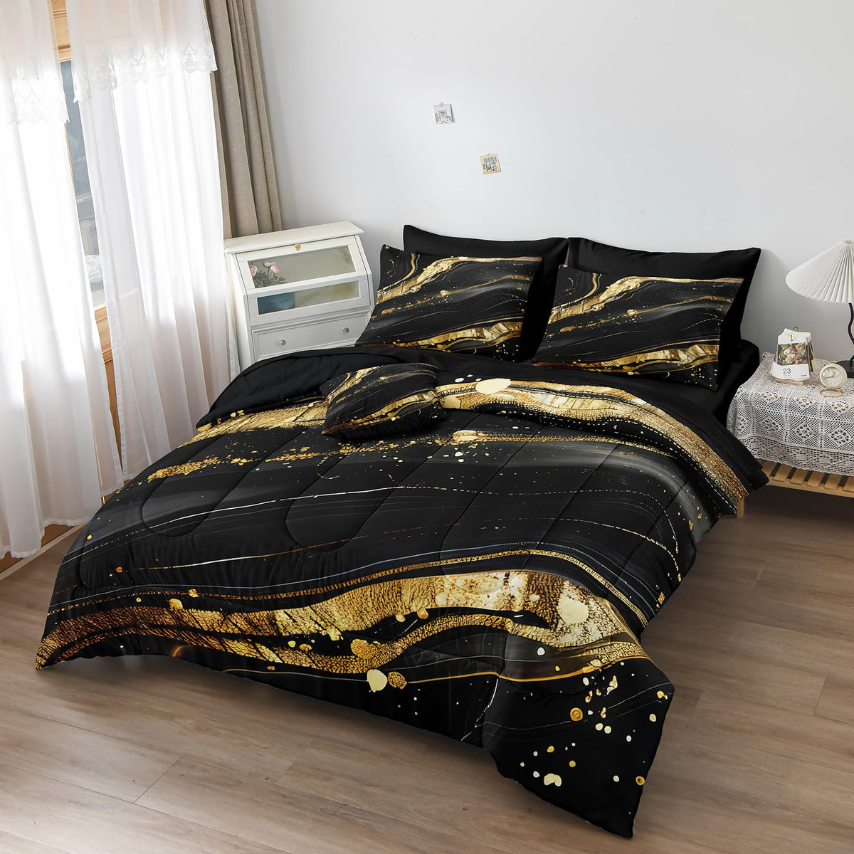 MOVE OVER 8 Pieces Black Gold Marble Bed in a Bag King Size Abstract Marble Textured Comforter Set with 1 Comforter 4 Pillowcases 1 Flat Sheet 1 Fitted Sheet 1 Cushion Cover