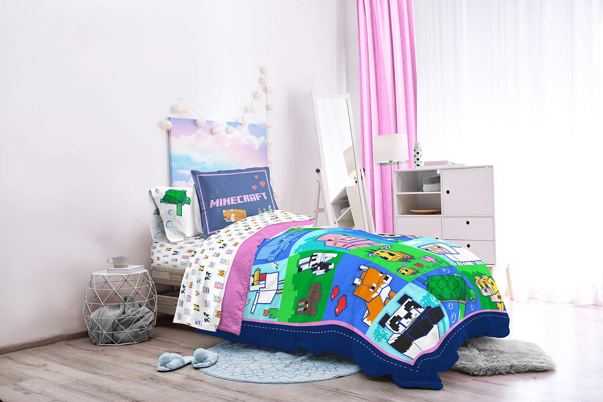 Jay Franco Minecraft Animal Patch 5 Piece Twin Bed Set - Includes Comforter & Sheet Set Bedding - Super Soft Fade Resistant Microfiber (Official Minecraft Product)