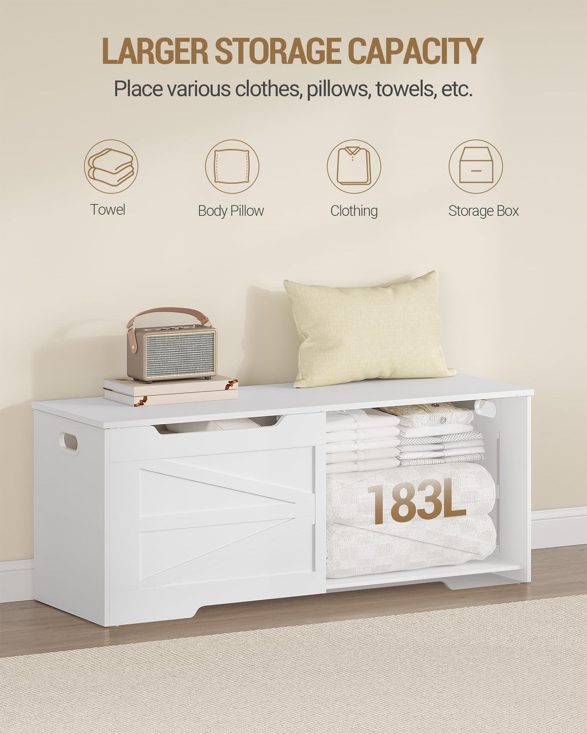 Hzuaneri 47.2" Storage Chest, Extra Large Storage Trunk with 2 Hinges, Wooden Box Bench, Lift-Top Organizer Chest, Shoe Bench for Entryway, Bedroom, Living Room, White SB13403X