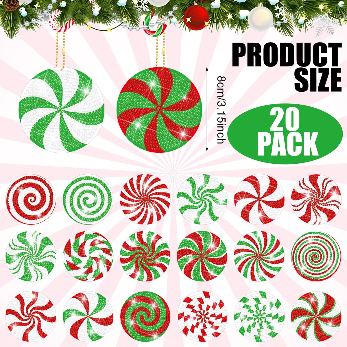 Tondiamo 20 Pcs Christmas Diamond Painting Keychain Kits 5D DIY Diamond Art Pendants Double Sided Hanging Key Chains for Christmas Party Decoration DIY(Cute Candy Cane Style)