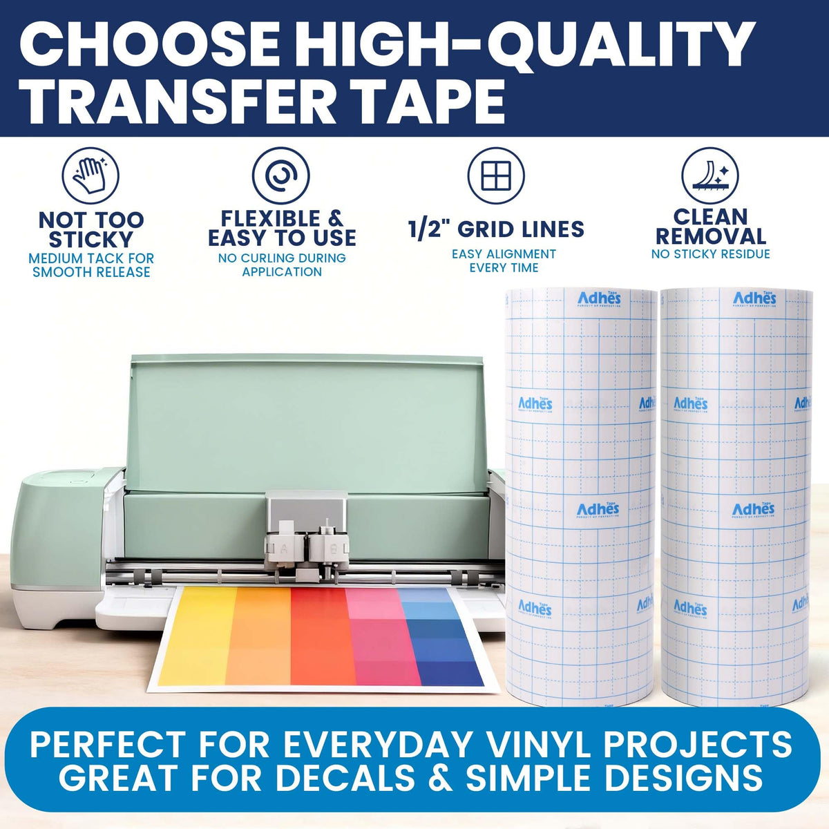 ADHES Clear Transfer Tape for Vinyl with Grid, 12" x 100FT, Medium Tack Transfer Paper Roll, Easy Release Application Tape for Cricut, Silhouette, Decals, Signs & DIY Projects