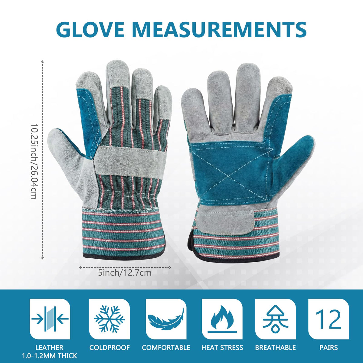 Ferrochef 12 Pairs Leather Work Gloves Bulk for Men Women Heavy Duty Leather Yard Gardening Gloves with Reinforced Palms Safety Cuff (Blue)