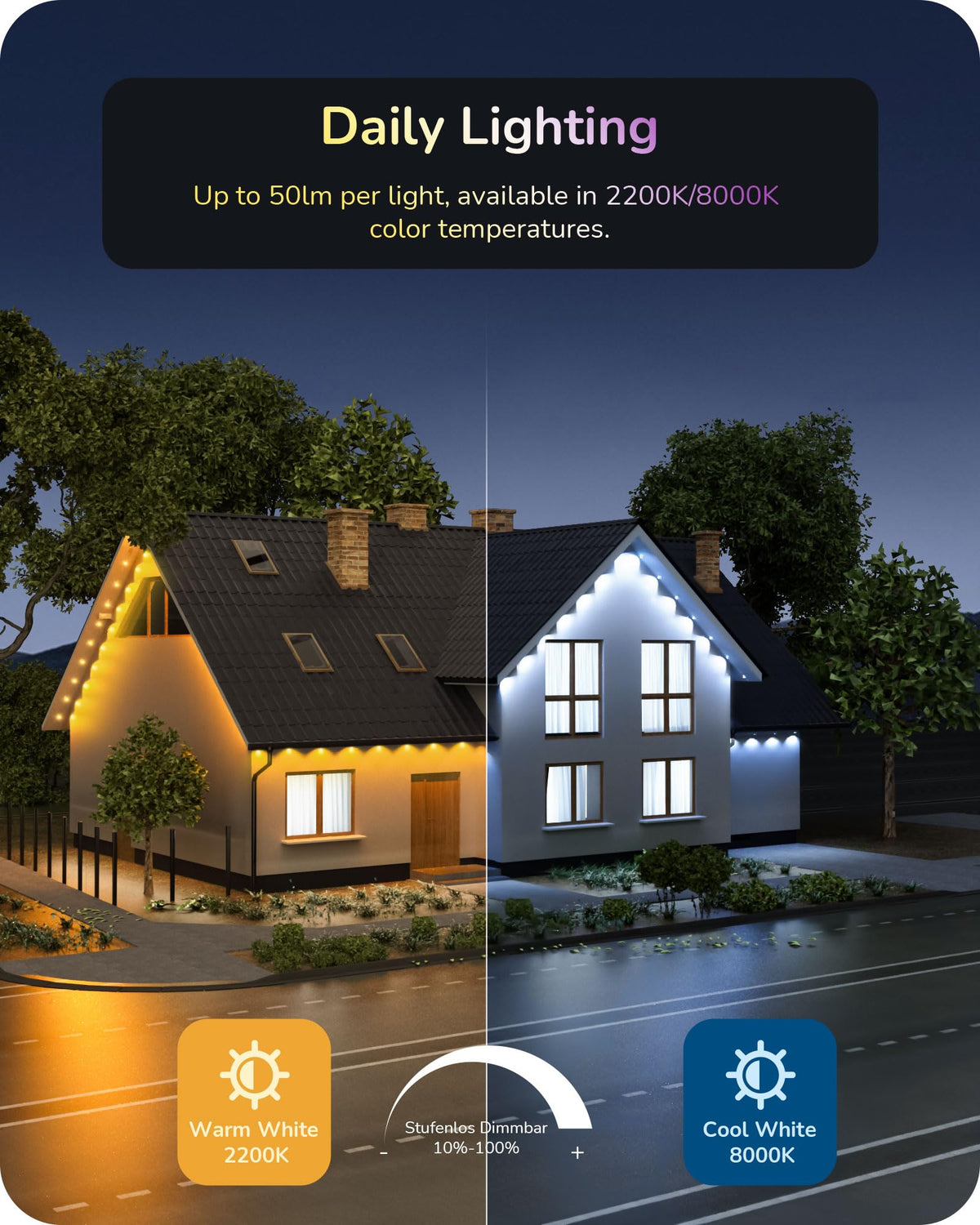 EDISHINE 120ft Outdoor Christmas Lights, 80 LED Smart RGBW Eaves Light, IP67 Waterproof, Works with Alexa, Model OL06, White