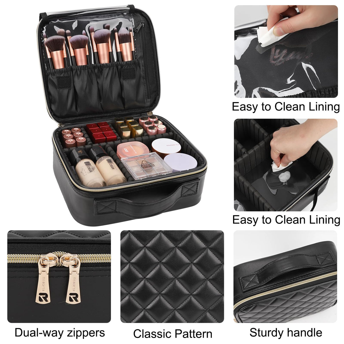 Relavel Makeup Bag, Travel Cosmetic Train Case Organizer Portable Artist Storage Bag with Adjustable Dividers for Cosmetics Makeup Brushes Toiletry Jewelry Digital Accessories Quilted Leather Black