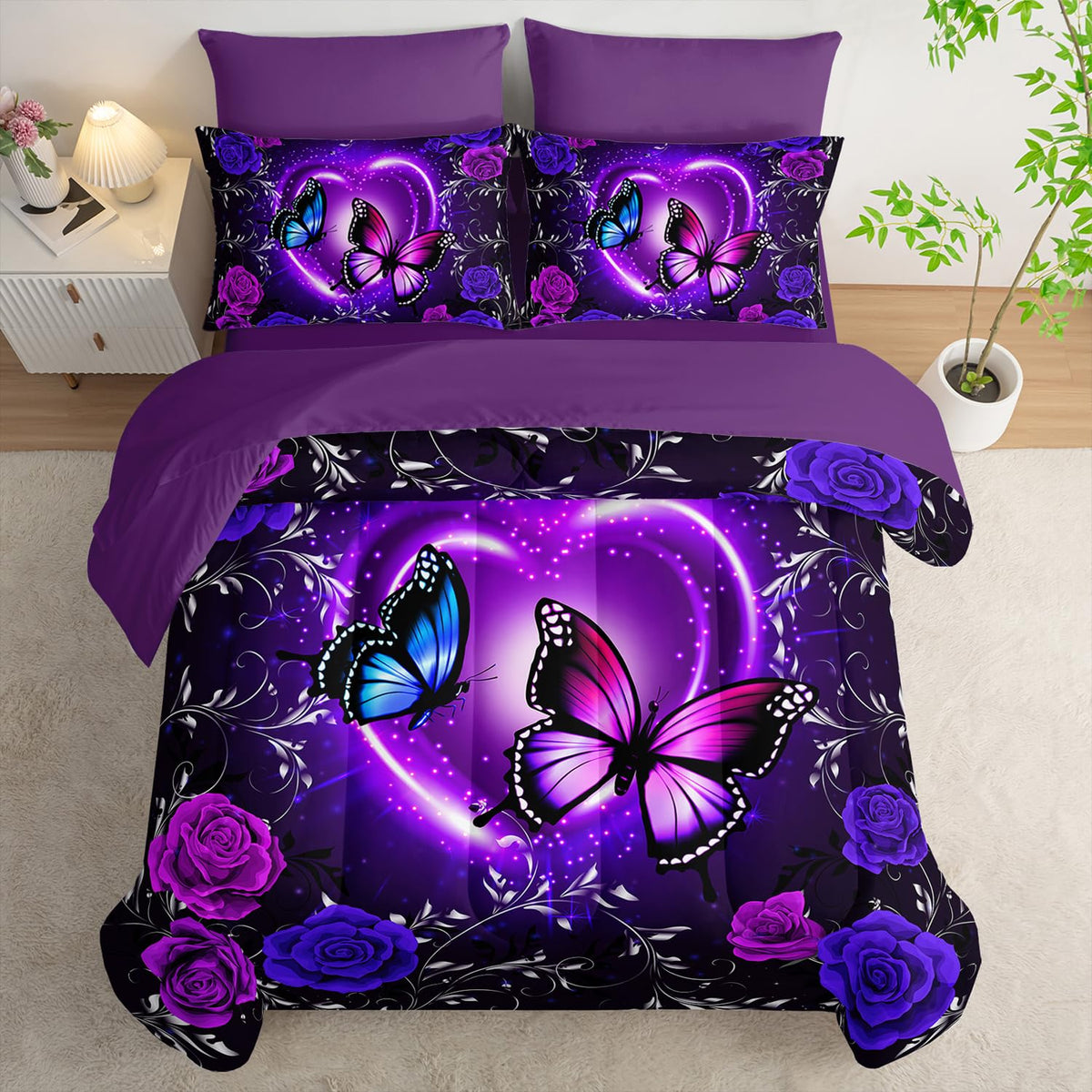 Tuzaovy Purple Butterfly Comforter Set 7 Piece Queen Size Bed in A Bag,Dreamy Butterfly Bedding for Girls Room Decor,Soft Microfiber Comforter with Fitted Sheet,Flat Sheet, Pillowcases & Shams