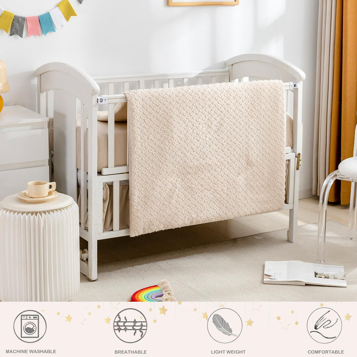 Cokouchyi 3 Piece Bedding Set for Boy Girls, Jacquard Tufted Geometric Crib Set, Includes Skirt, Blanket and Sheet, Baby Bedding, Beige