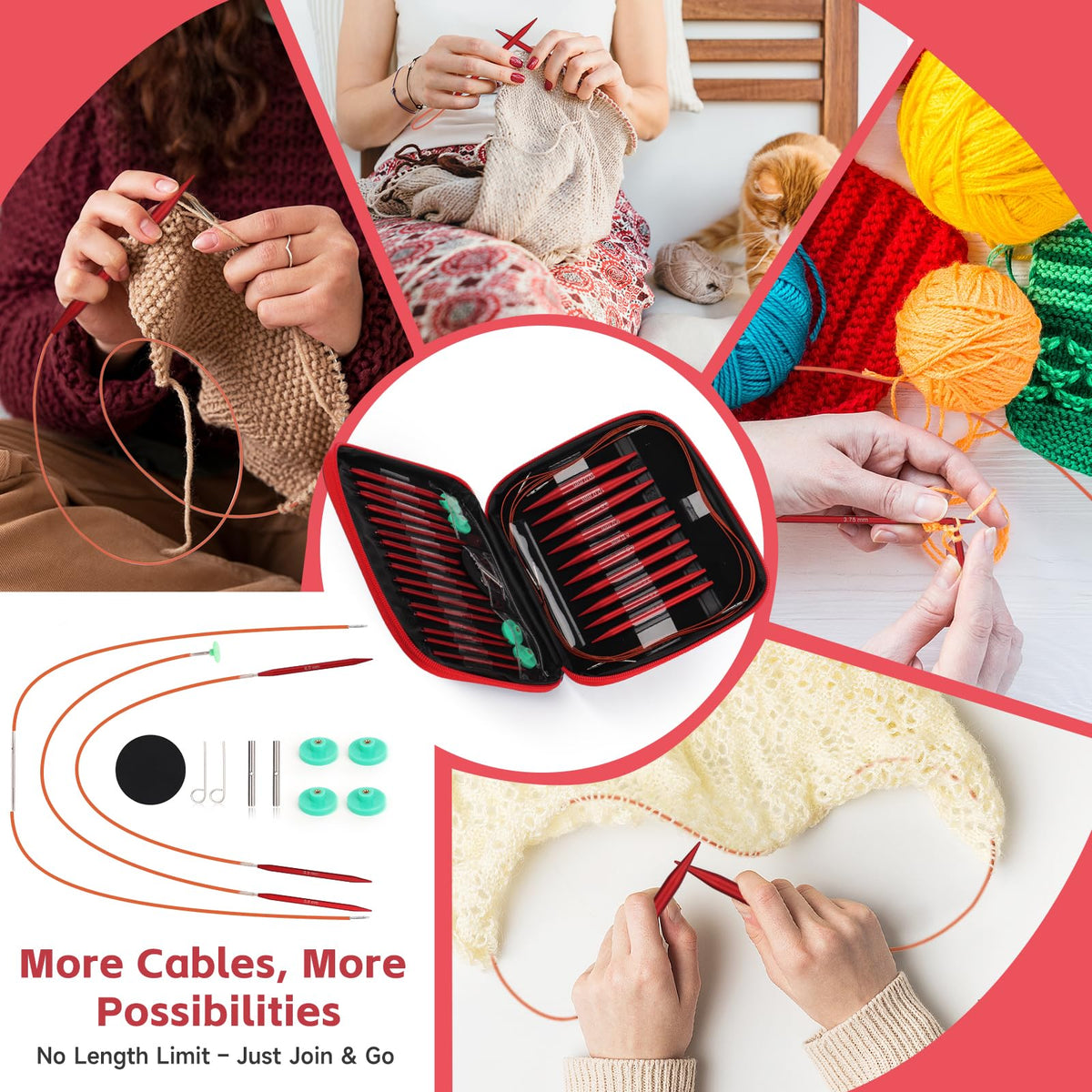 Interchangeable Circular Knitting Needles Set, 13 Pairs (26pcs) Matte Red Aluminum Knitting Needles Kit, Sizes 3.0mm–10.0mm, Knitting Needle Case & Accessories for Knitting Beginners & Advanced