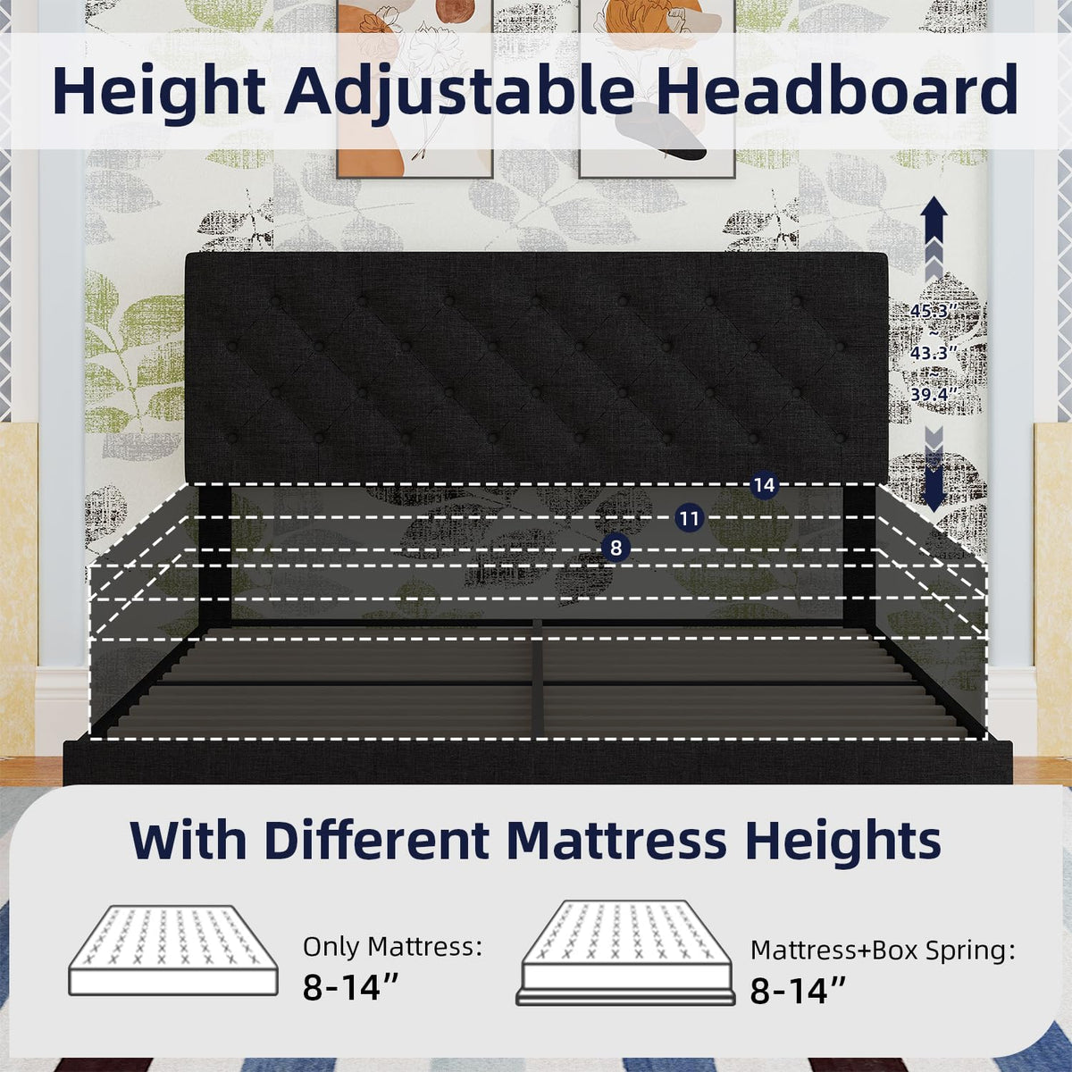 BarnFurin Queen Bed Frame, Upholstered Platform Bed with Button Tufted Headboard, Fabric Bed Frame with Wooden Slats Support, No Box Spring Required, Easy Assembly, Black