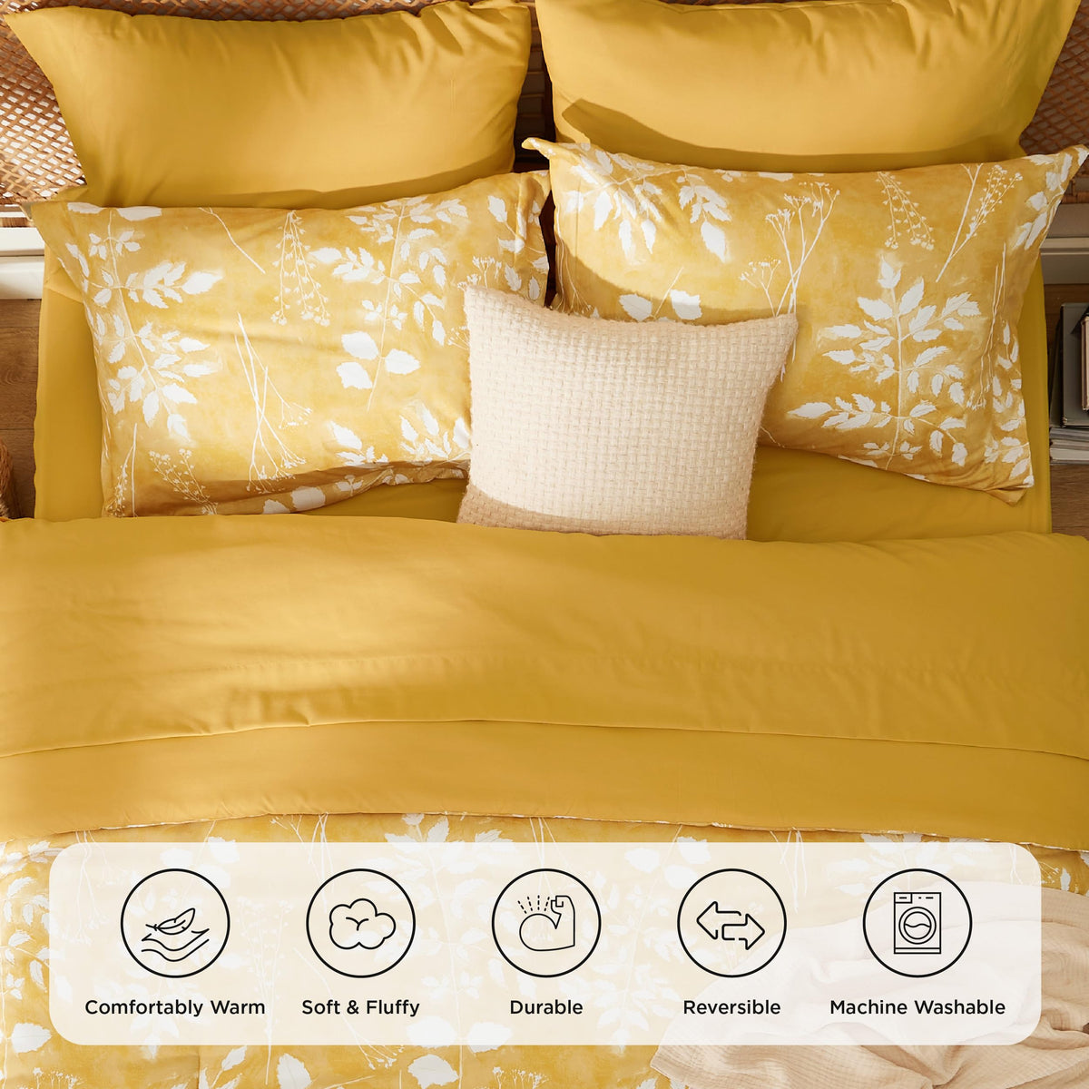 Bedsure Queen Comforter Set - 7 Pieces Floral Yellow Soft Bedding Sets, Queen Bed in a Bag with Botanical Flowers Comforter, Sheets, Pillowcases & Shams