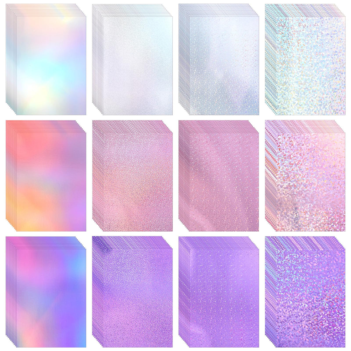 Kifmurase 120 Sheets Metallic Holographic Card Stock, Shiny Glitter Card Stock, Glitter Iridescent Mirror Paper 11.7 x 8.3'', 250GSM 12 Mixed Colors Foil Paper for Scrapbook, Cards Making, Crafts