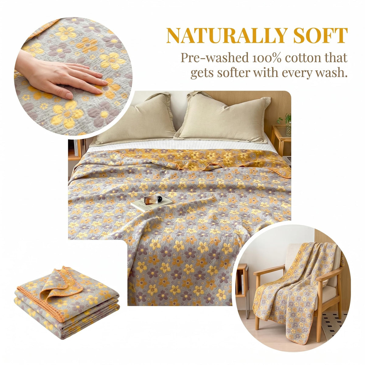 King 100% Cotton Muslin Quilted Blankets for All Season 4-Layer Gauze
