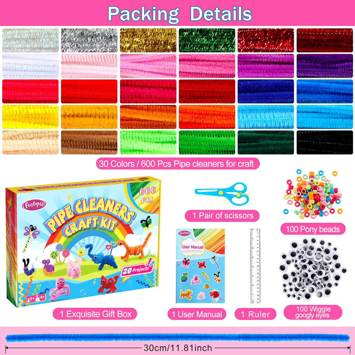 800pcs Pipe Cleaners Crafts Kit, 30 Colors Pipe Cleaners Bulk with 20 Designs Instruction Book, Colorful Chenille Stems for Animal Flower Creative Projects DIY, Arts and Crafts for Kids Ages 4-12