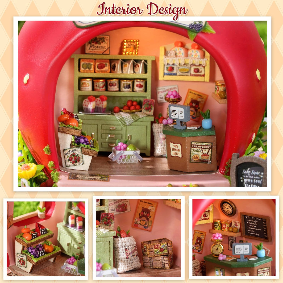 TuKIIE DIY Miniature House Kit with Furniture, 1:100 Scale Creative Room Mini Wooden Dollhouse Book Nook for Kids Teens Adults(Berry Shop)