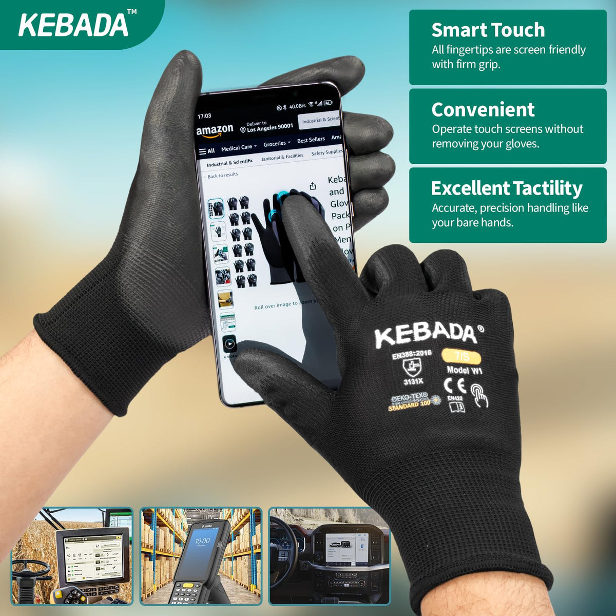 Kebada W1 Work Gloves for Men and Women, PU Coated Safety Gloves with Grip, Touchscreen, Ideal for Warehouse Package Handling, Construction, Gardening, Black Large