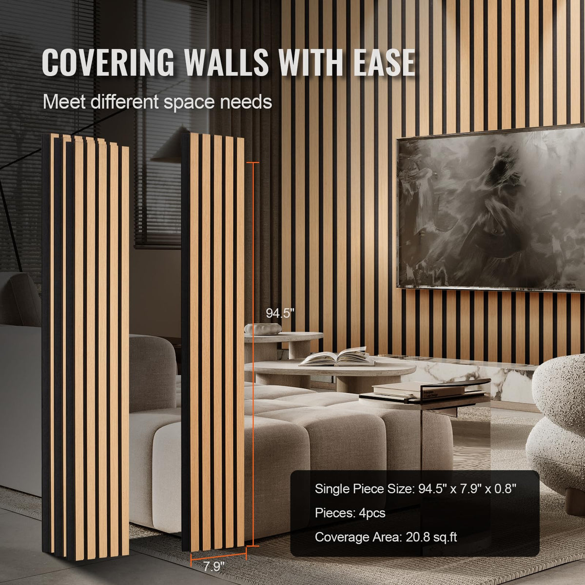 VEVOR Wood Slat Acoustic Panels, 7.9 x 94.5 inch, MDF Accent Wooden Wall Panels for Modern Interior Wall Decor, Faux Wood Wall Board Panels for Noise Reduction, Light Oak