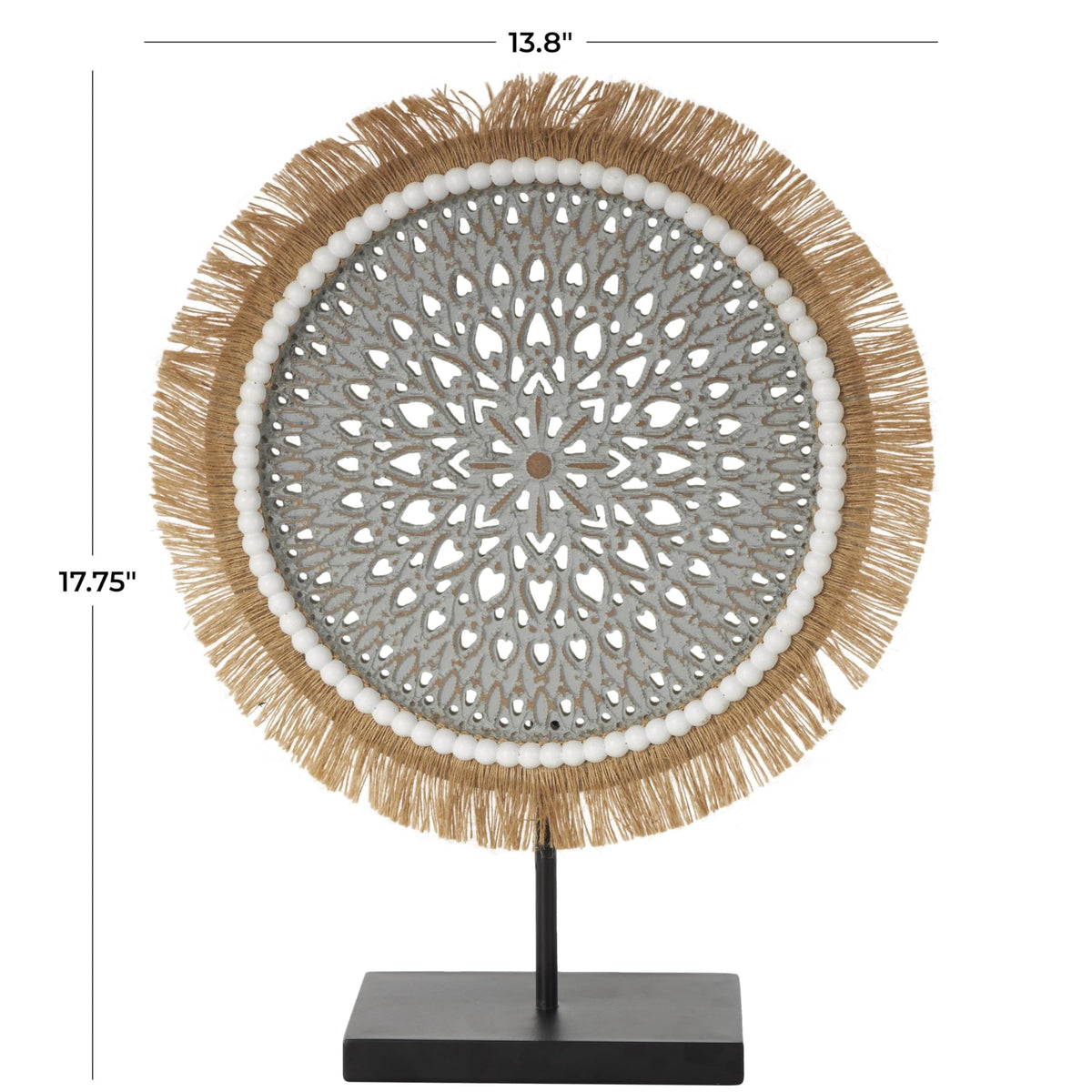 Deco 79 Wooden Tribal Handmade Decorative Sculpture Seagrass Fringed Home Decor Statue with Black Base, Accent Figurine 14" x 4" x 18", Gray