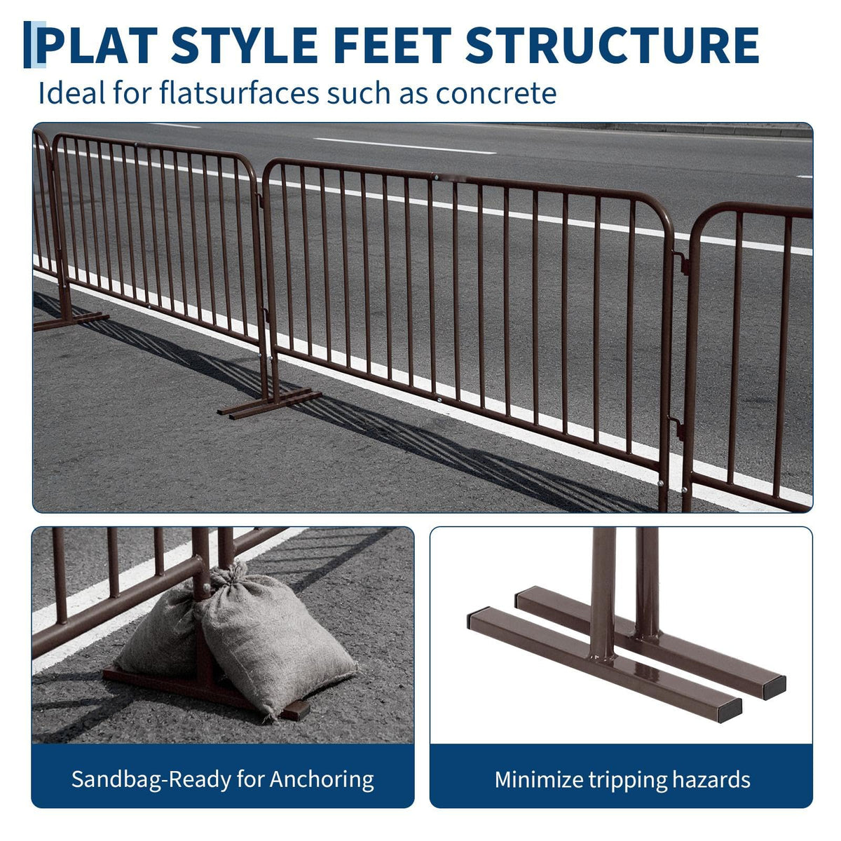 Heavy Duty Interlinked Steel Crowd Control Barricade – Removable Flat Feet, Durable Powder-Coated, Weather Resistant Safety Barrier for Events, Construction, Parking, Pedestrian Zones – 8.5FT, Brown