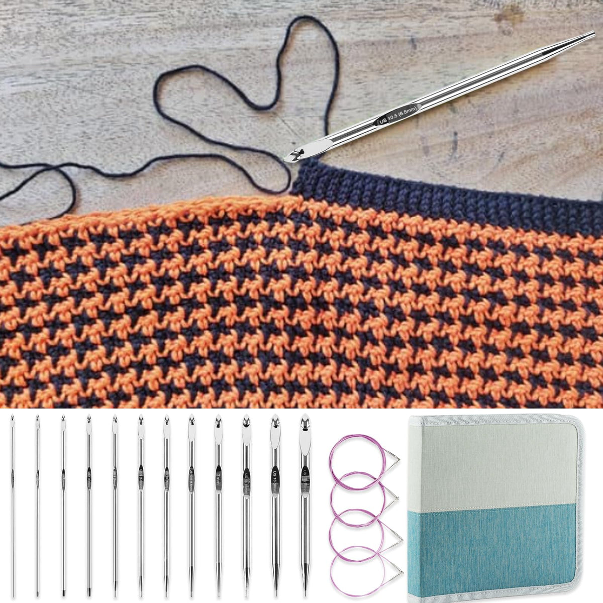 Svartur Tunisian Crochet Hooks Set with Cable, Afghan Crochet Hooks Interchangeable, Size from 3mm-10mm Aluminium Crochet Knitting Needles for Crocheting