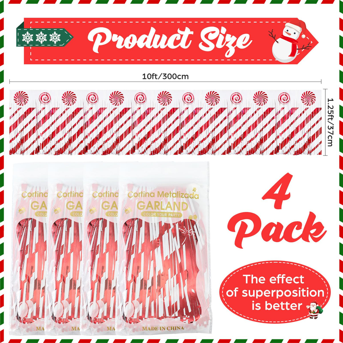 Mindsoft 4 Pack 39 ft Christmas Parade Floats Decoration Foil Fringe Candy Cane Peppermint Lollipop Metallic Tinsel Garland Table Skirts for Xmas Trailer Car Homecoming Party
