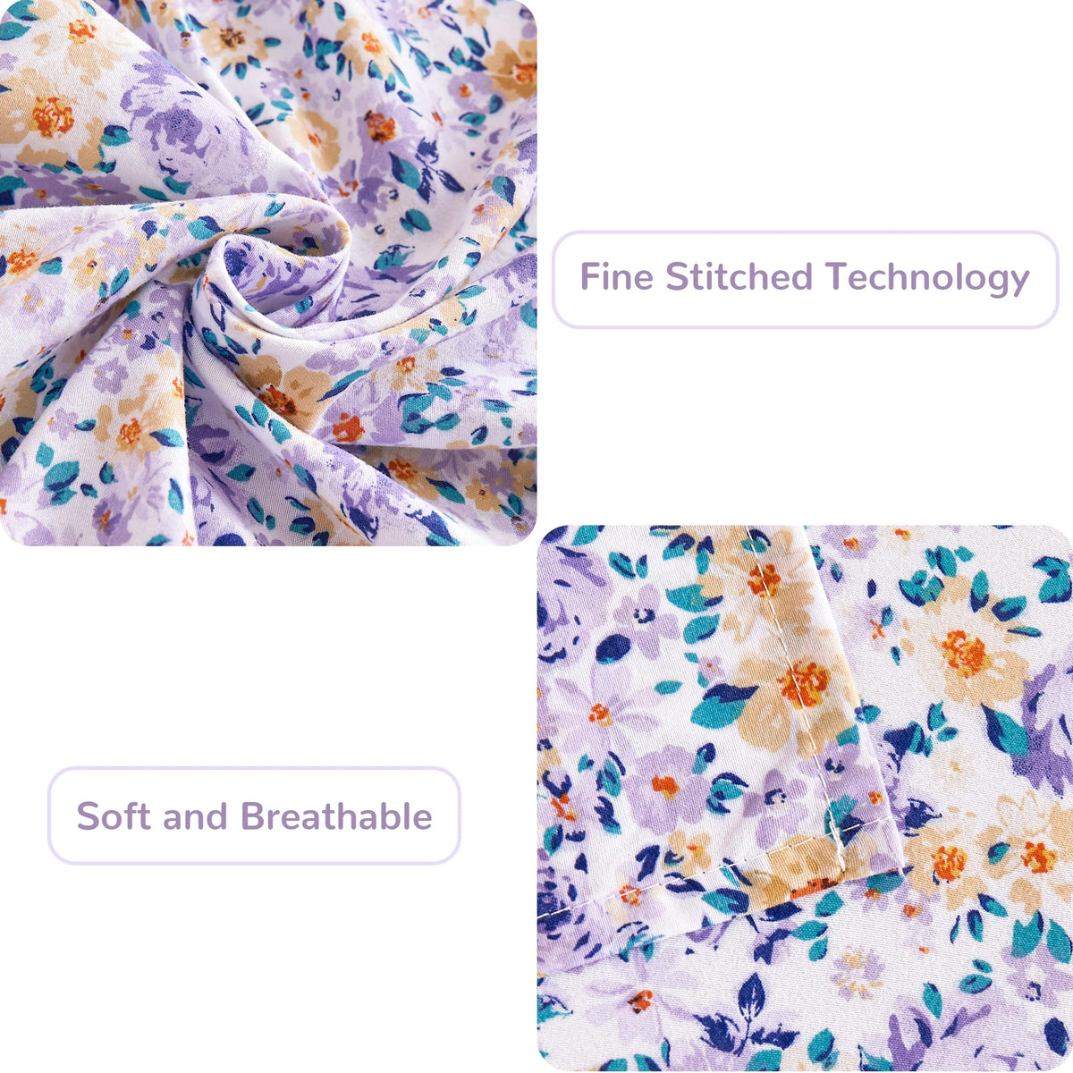Mooreeke Floral Twin 3 Pieces Bed Sheets, Soft Microfiber Bedding Sheets & Pillowcases, Deep Pocket Non-Slip Vintage Twin Sheet, Purple Yellow Flower Pattern Bedsheets