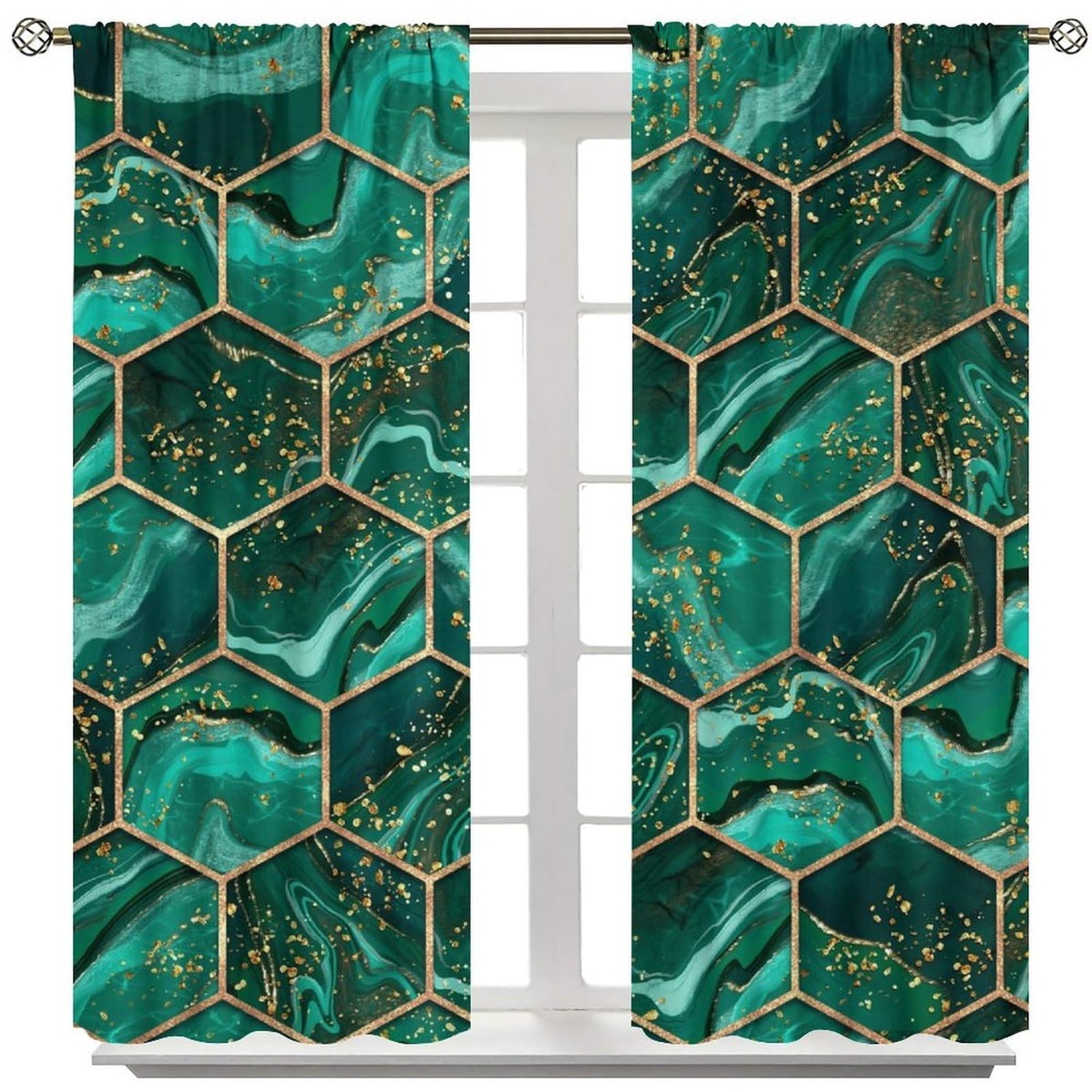 BPANAOAD Green Hexagon Marble Blackout Curtains 2 Panels, Gold Foil Print Luxury Modern Geometric Grommet Drapes, Thermal Insulated Room Darkening Window Treatments for Living Room Bedroom 42x44 Inch