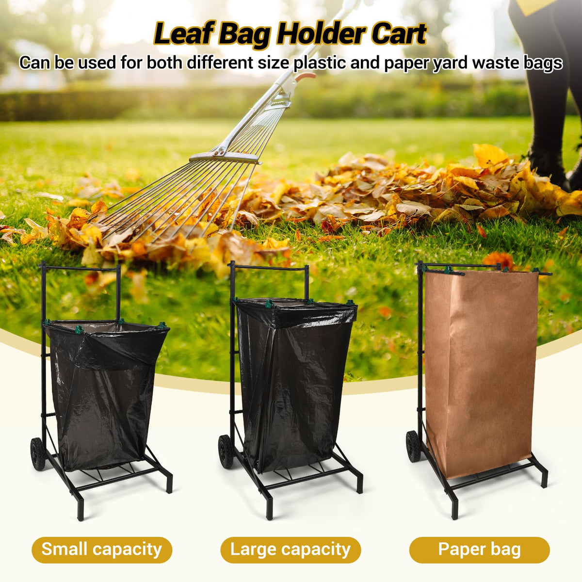 CAROD Trash Bag Holder, Adjustable Metal Leaf Bag Holder from 30-45 Gallon Capacity, Mobile Garbage Bags Cart, Outdoor Garden Leaf Bags Stand for Yard & Lawn Cleanup, Gardening, Camping, Parties
