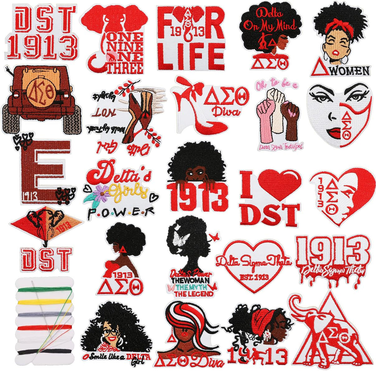 24 PCS Black Girl Patches Compatible with Delta Sigma Theta Sorority Embroidered Iron on Sew on Applique Patches for Shirts Backpacks Pants Clothes Coat Bags Jackets Vests Uniforms