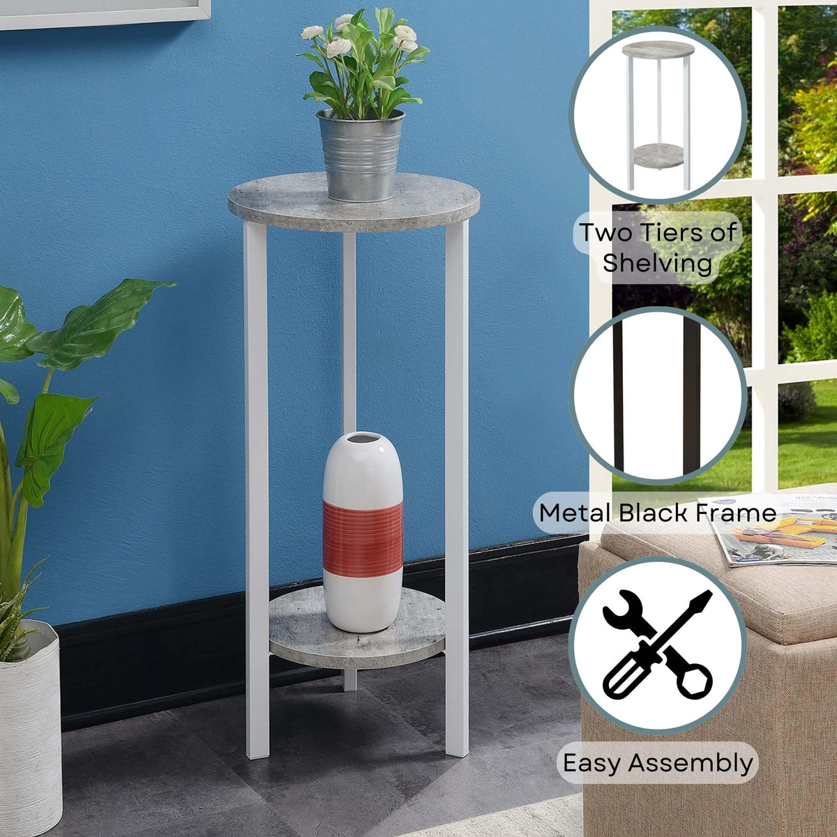 Convenience Concepts Graystone 2 Tier Tall Plant Stand 31" - Industrial Stand for Plants, Vases, and Antiques, Urban Modern Design for the Living Room, Hallway, Entryway, Faux Birch/White