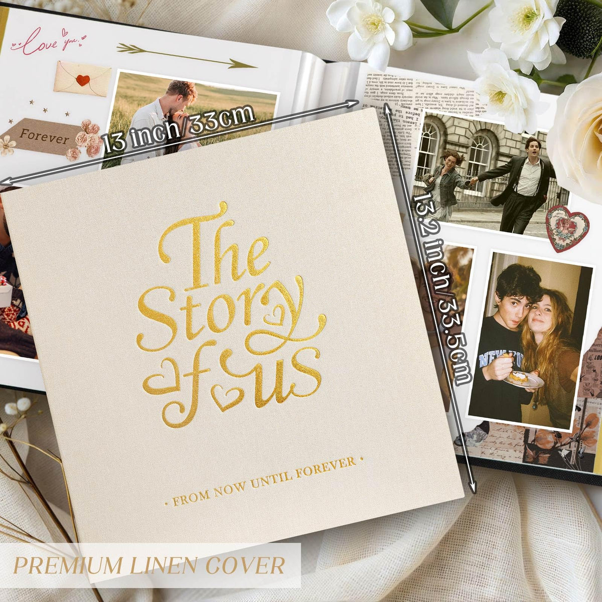 Lanpn Couples Scrapbook Photo Album - The Story of Us, Linen Wedding Anniversary Self Adheisve Picture Book holds 4x6 5x7 A5 Photo for Love Newlywed Valentine's Day (Large 40 Sheets/80 Pages, Beige)