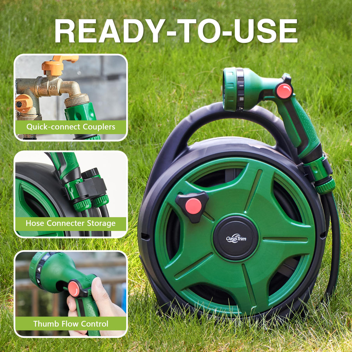 OasisTrim 1/2" x 50FT Retractable Garden Hose Reel，With 10 Patterns Spray Nozzle，Portable Heavy Duty Garden Hose Holder for Garden Watering，Car & Patio Washing，Pet Cleaning（Green）