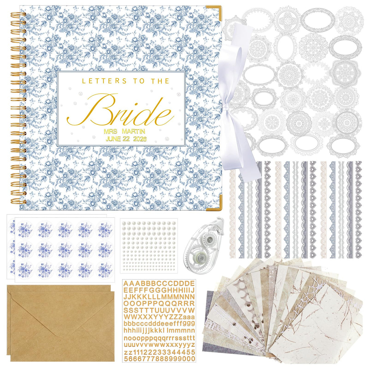 Humyoun Wedding Guest Book Letters to The Bride Scrapbook Wedding Memory Book Bridal DIY Blank Paper Scrapbook Photo Album Guest Sign with Pearl Stickers(12 x 12 Inch,Floral,Blue)