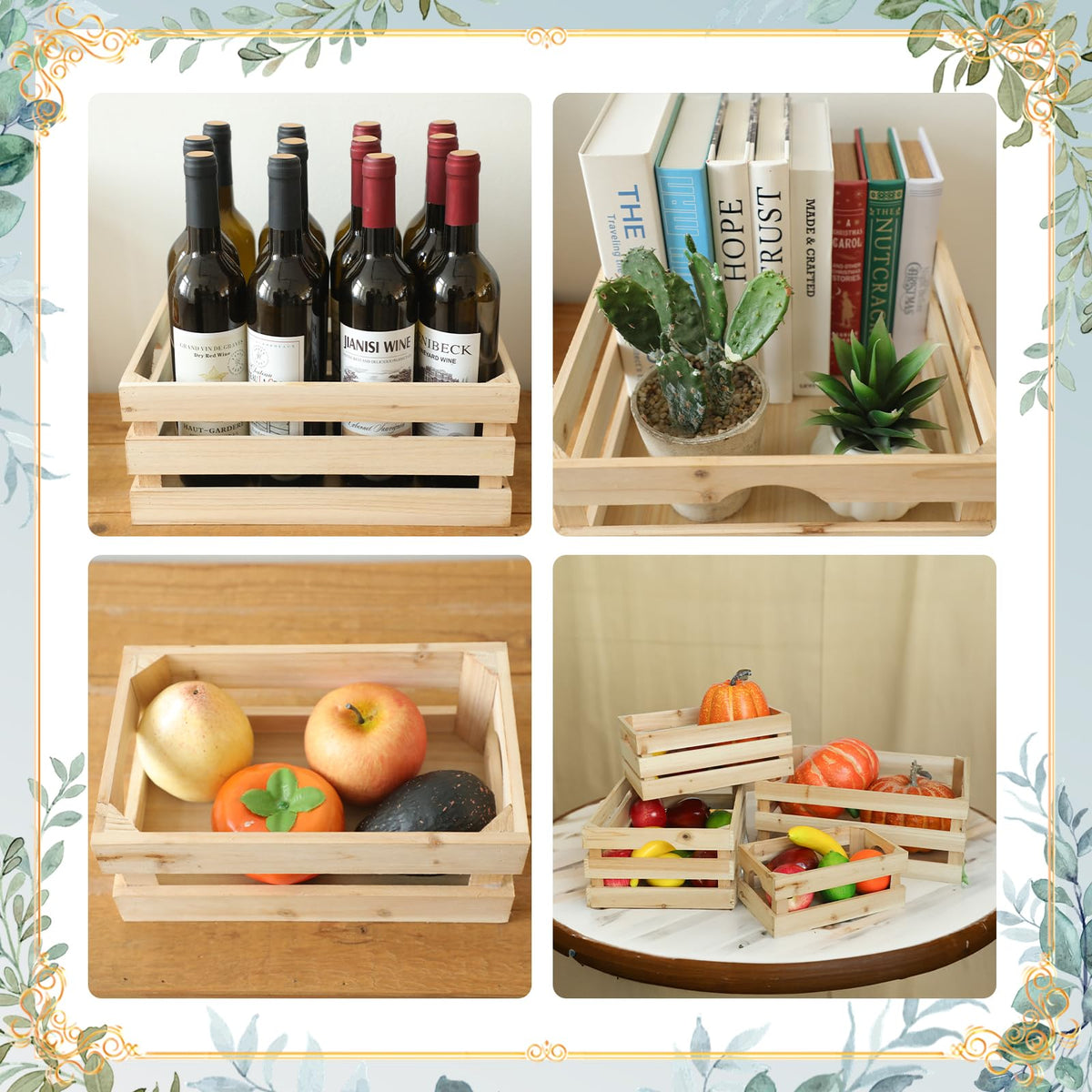 UPPER DECOR Large Wooden Crates Unfinished Set of 4 Decorative Storage Box with Handles, Rustic Farmhouse Wooden Crates for Display, Living Room Container Basket Box for Kitchen, Pantry, Bedroom
