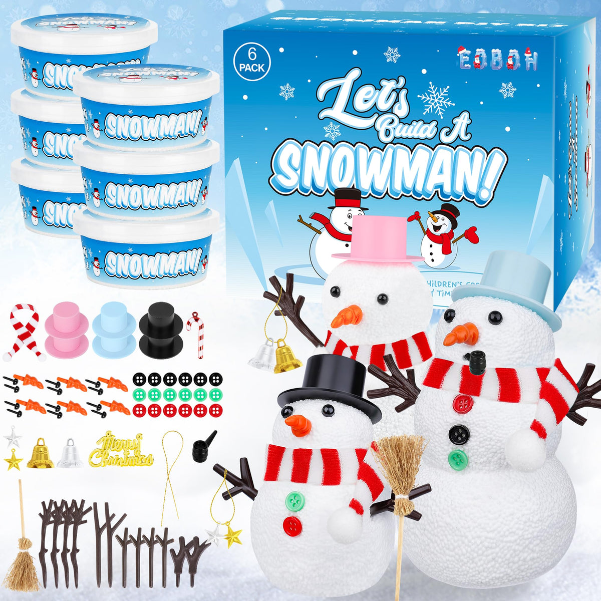 EOBOH 6 Pack Snowman Kit, Christmas Craft DIY for Kids, Build a Snowman Craft Winter Decorations Indoor, Creative Kids Air Dry Clay Modeling Crafts Kit for School Winter Party Activities
