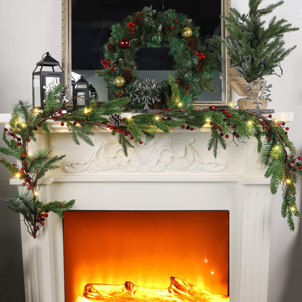winemana 6 FT Pre-lit Artificial Christmas Garland with 20 LED Lights, Battery Powered with Pine Cones, Red Berries, Pine Needles, Lighted Christmas Garlands for Fireplace Mantle Holiday Decorations