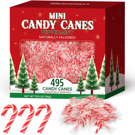 Bulk Mini Candy Cane Individually Wrapped 495 Pack - Small Peppermint Candy Canes Red & White Christmas Candy For Holiday Gifts, Stocking Fillers, Party Favors & Decorations