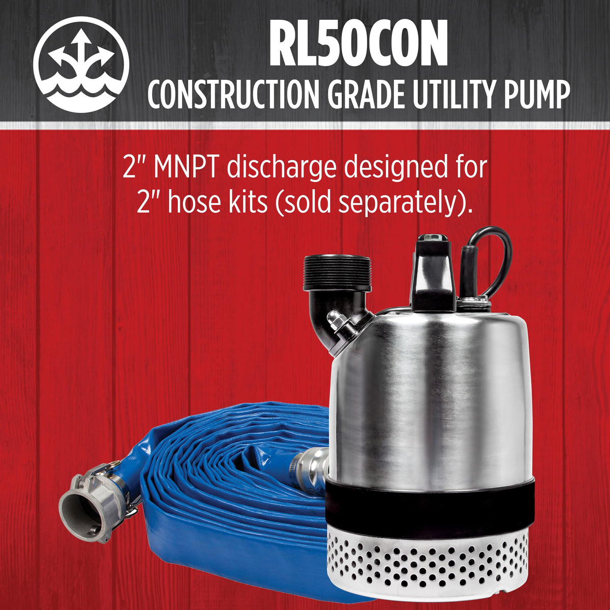 Red Lion RL50CON 115 Volt, 1/2-HP, 3600 GPH Heavy-Duty Stainless Steel Manual Submersible Utility Pump with 20-Foot Power Cord, Steel, 14942722