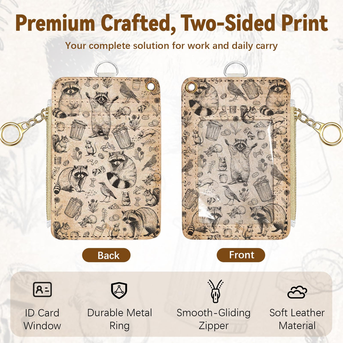 Leather Cute Badge Holder with Zipper Pocket, Raccoon Lanyards and 1 Zip Pocket and 4 Card Slots, Breakaway Lanyards with Metal Clasp for Offices, Staff, Adult, Employees