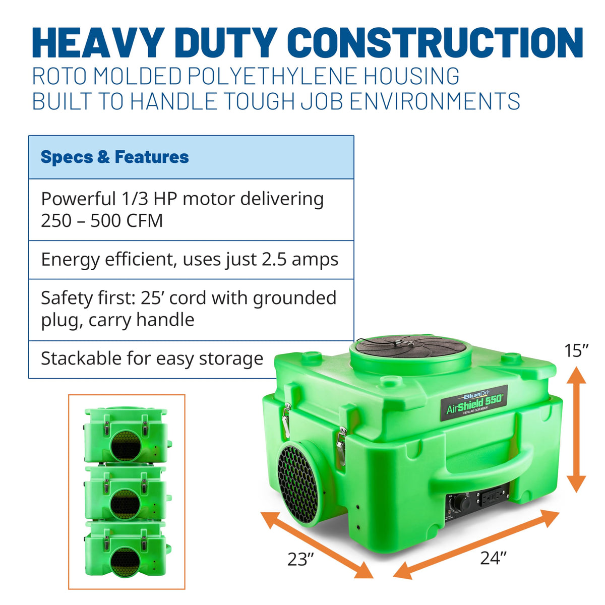 BlueDri Air Shield 550 HEPA Air Scrubber, Water Damage Restoration Equipment Air Purifier, Covers 1400 Sq. Ft, Daisy Chain Capable, For Commercial Use, Green, BD-AS-550