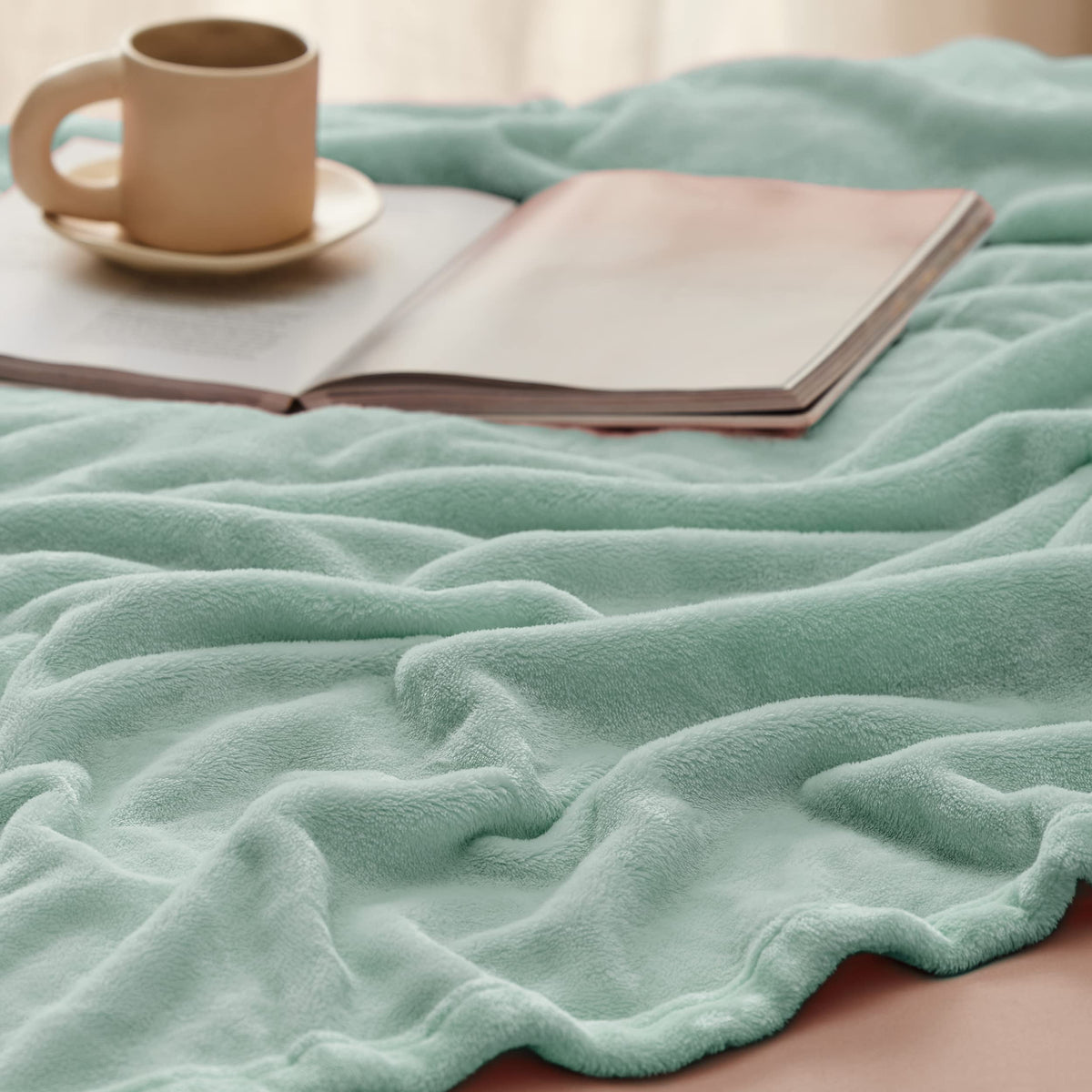 Bedsure Fleece Blanket Twin Size (Beige & Sage Green)