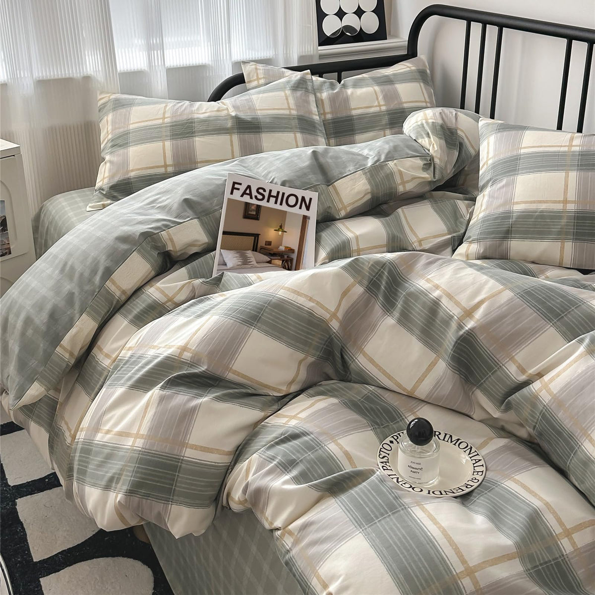 VM VOUGEMARKET Green Plaid Duvet Cover Sets Queen,3 Pieces Gingham Comforter Cover with Zipper Closure & Corner Ties for Men Boys Simple Modern Bedding Set (90"x90")