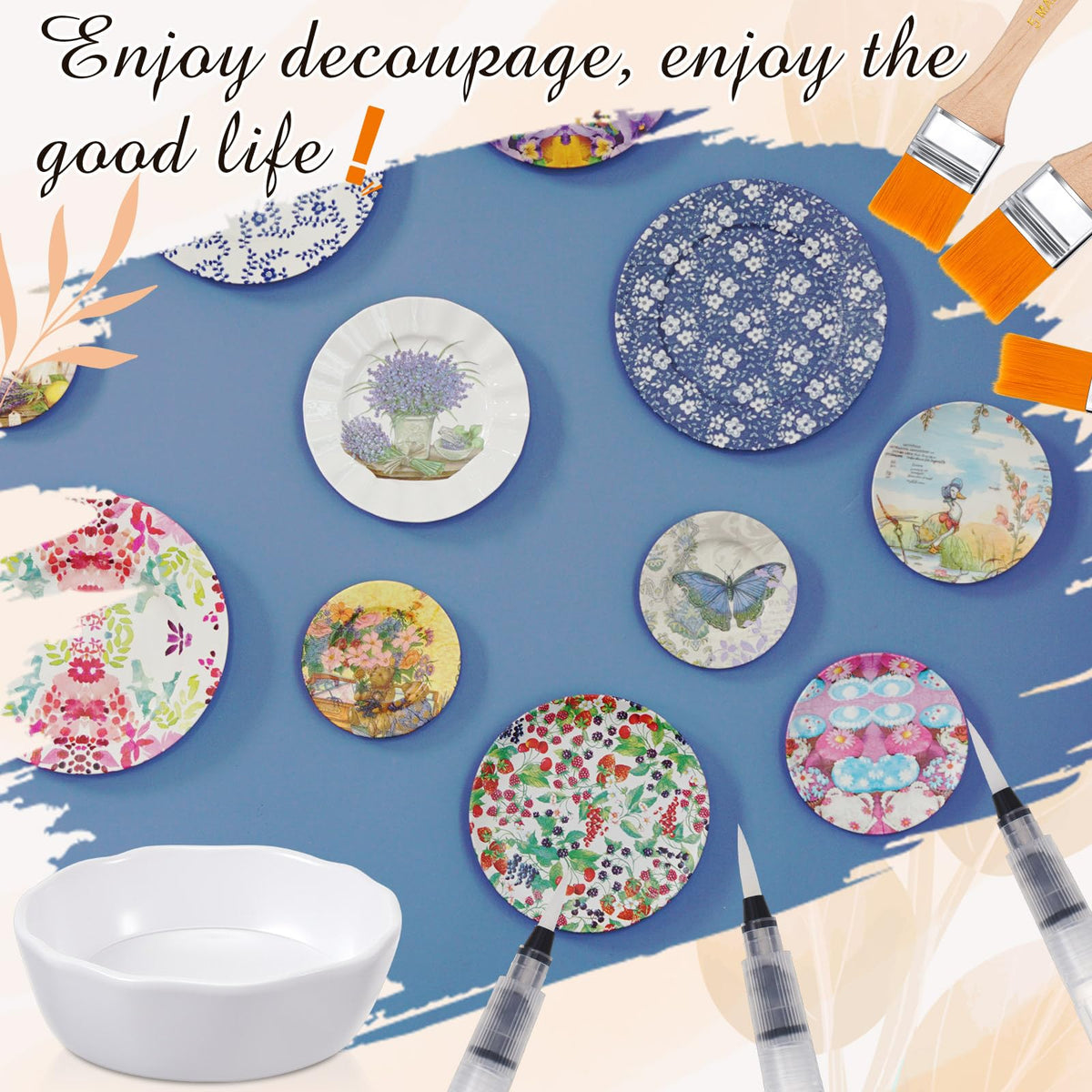 Crtiin 19 Pcs Essential Decoupage Tool Set, Include Silicone Table Mat, 5 Foam Brush, 8 Decoupage Brush, 3 Water Pen, Glue Container Bowl, Spray Bottle for DIY Arts and Crafts Projects