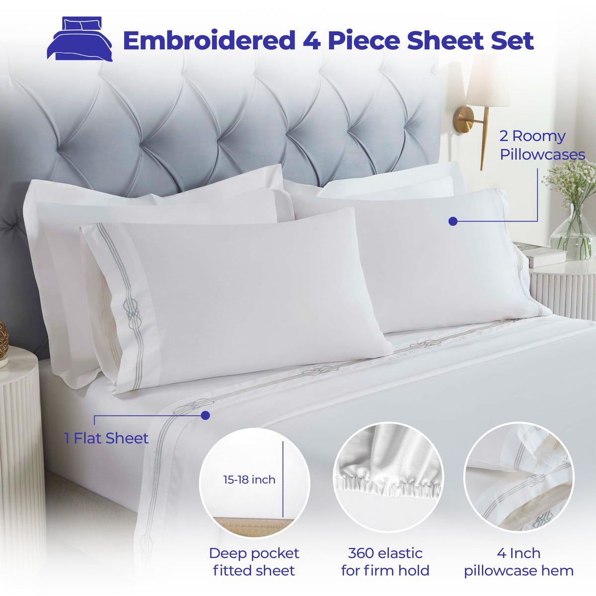 Superior Embroidered Cotton Bed Sheet Set, 1 Elastic Deep Pocket Fitted Sheet, 1 Flat Sheet, 2 Pillowcases, Daily Soft Sheets, Luxury, Elegant Design, Moonlawn Collection, Queen Size, White/Silver