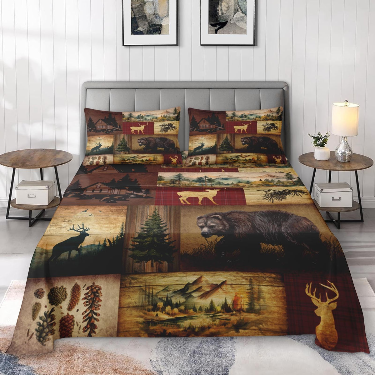 Pamnest Full Size Bed Sheet Sets, Camp Bear Mountain Soft Microfiber 4 Pcs Bedding Sets for Kids and Adults Bedroom Bed Decor, Wildlife Brown Pine Tree Flat, Fitted Sheet and 2 Pillowcases