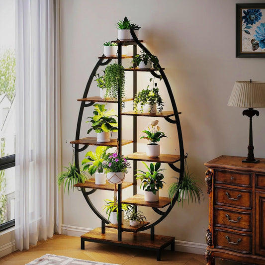 VINGLI Plant Stand Indoor with Grow Lights, 63" Tall 10-Tier Leaf-Shaped Metal Plant Shelf with 5 LED Light Strips, Large Tiered Indoor Plant Stands for Multiple Plants, Modern Decorative Plant Rack for Living Room Balcony, Black