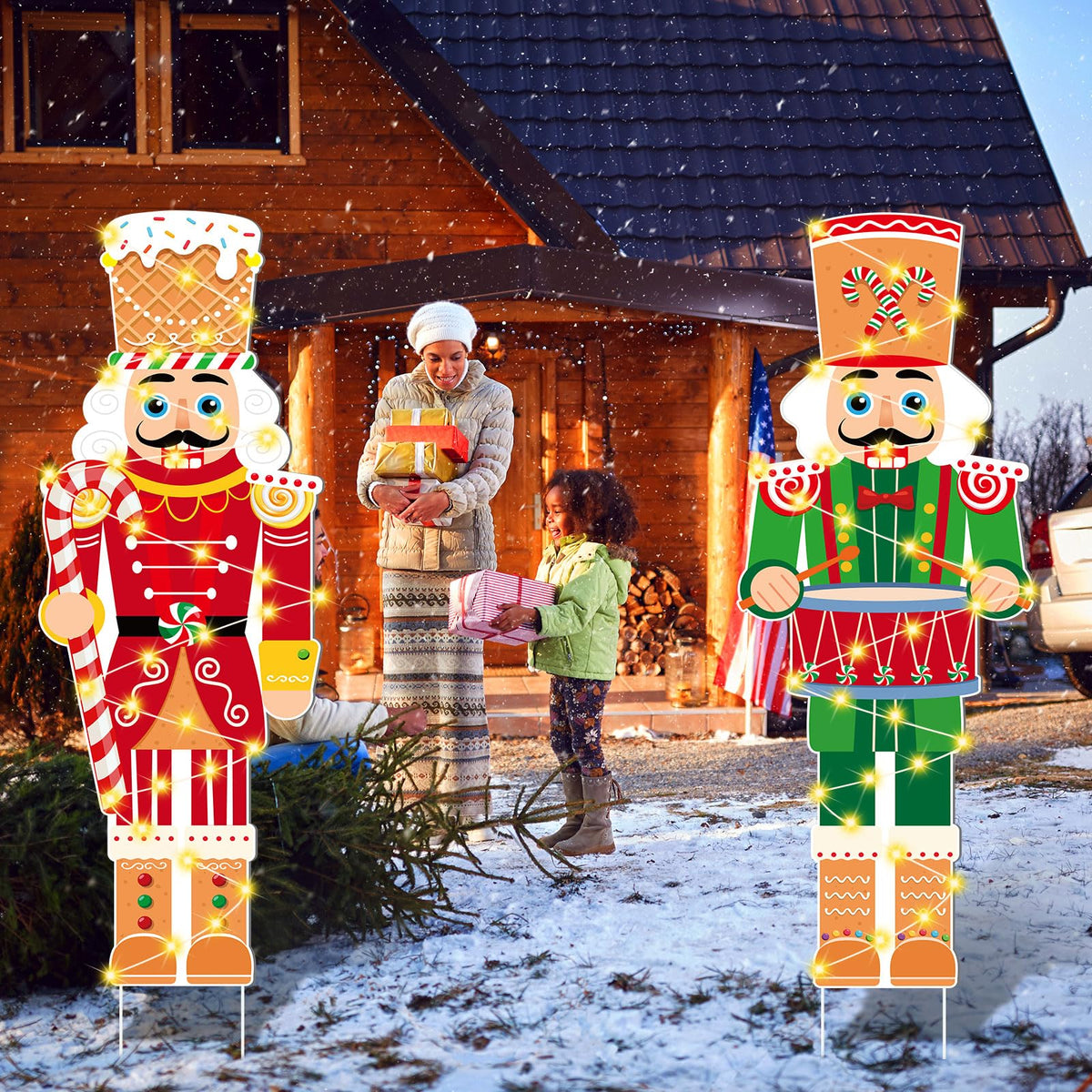Wenqik 2 Pcs Large Christmas Nutcracker Outdoor Decorations with LED Light, Nutcracker Yard Sign with Stakes 39 x 13 Inch Christmas Outdoor Yard Decorations for Xmas Holiday Lawn Porch Party Supplies