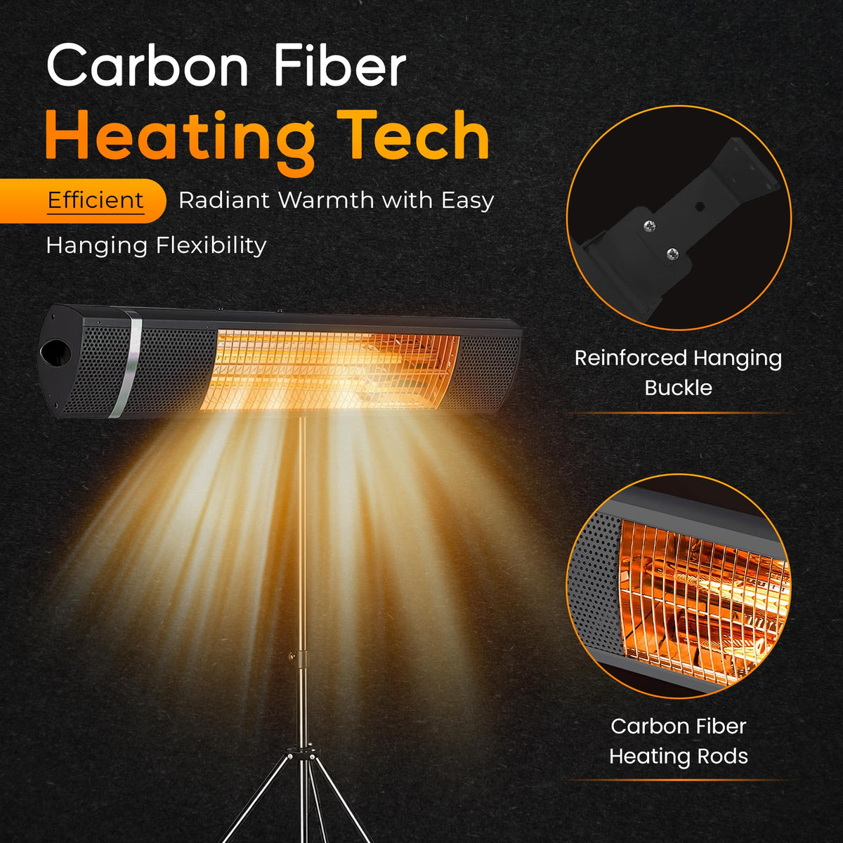 Outdoor Carbon Fiber Infrared Patio Heater - 800/1300/1500W, Tripod Stand or Wall Mount, IP65 waterproof, Remote Control, Silent & Energy-Saving for Balcony, Backyard, or Patio